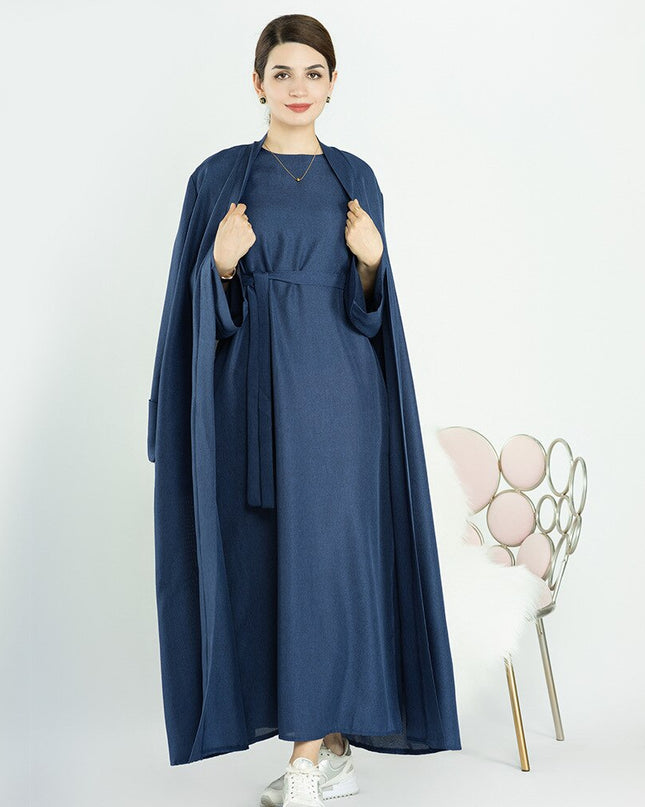 Elegant and Versatile: Two-Piece Djellaba Abaya Set with Belt for Muslim Women in Dubai