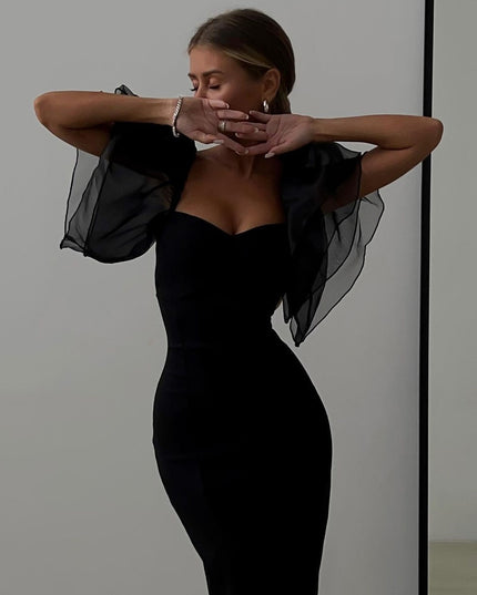 Mesh Bubble Sleeve Fashion Summer Sexy Bodycon Dresses Outfits Women Elegant Club Party Gown Midi Dress Vestido