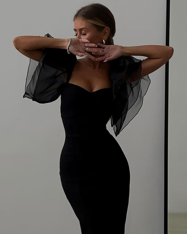 Mesh Bubble Sleeve Fashion Summer Sexy Bodycon Dresses Outfits Women Elegant Club Party Gown Midi Dress Vestido