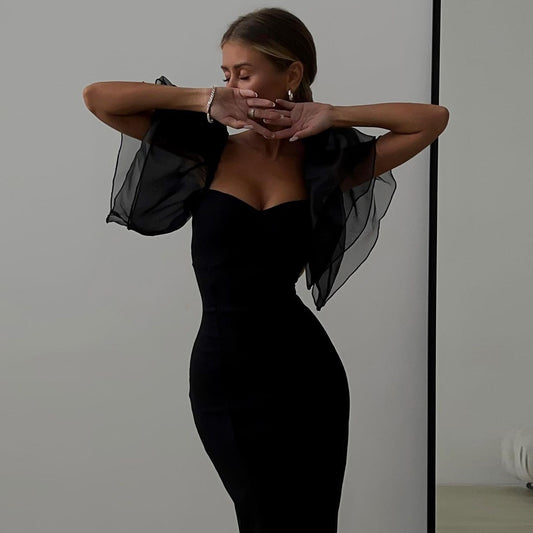 Mesh Bubble Sleeve Fashion Summer Sexy Bodycon Dresses Outfits Women Elegant Club Party Gown Midi Dress Vestido