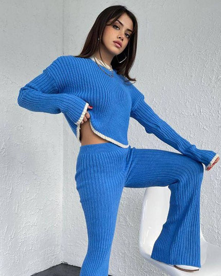 Fashion Knit Sweaters 2 Piece Sets Elegant Outfits for Women Casual Top and Pants Slit Sets Matching Sets Clothes
