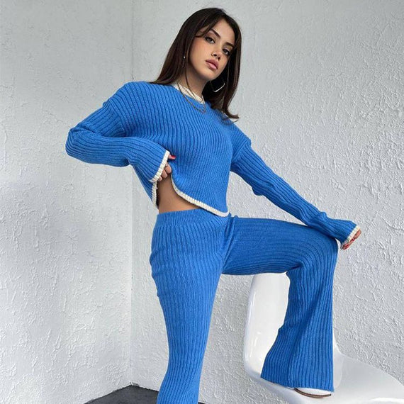 Fashion Knit Sweaters 2 Piece Sets Elegant Outfits for Women Casual Top and Pants Slit Sets Matching Sets Clothes