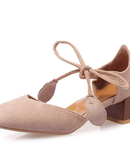 Pumps For Women Square Toe Block Heels Flock Lace-Up Shallow Sweet