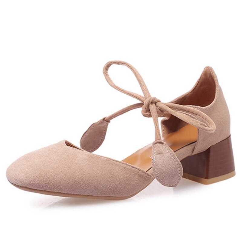 Pumps For Women Square Toe Block Heels Flock Lace-Up Shallow Sweet