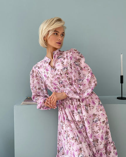Blommiga plisserade chiffongklänningar för damer, blå svart långärmad sommarstrandklänning, eleganta maxiklänningar för kvällsfester för kvinnor