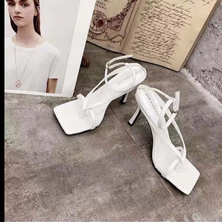 Elegant Square Toe Women's Sandals with Thin High Heels and Ankle Buckle Strap