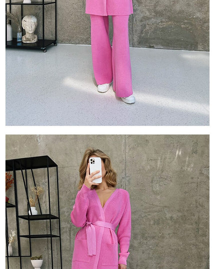 Sexy Tracksuit Women Two Piece Set Casual Loungewear Knit 2 Piece Sets with Blet Winter Knitted Cardigans Pants Suit For Women