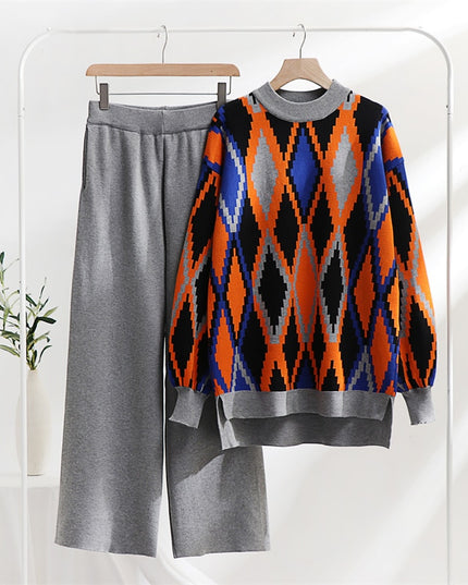 Lozenge Knitted Sweater Matching Set Loungewear Women Pants Suit 2 Piece Tracksuit Knit Two Piece Sets Womens Outifits Winter