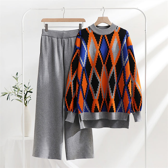 Lozenge Knitted Sweater Matching Set Loungewear Women Pants Suit 2 Piece Tracksuit Knit Two Piece Sets Womens Outifits Winter