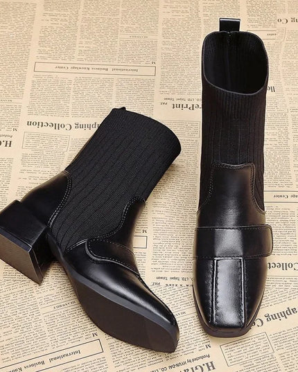 Stylish Black Elastic Boots with Chunky Heels and Square Toe for Women