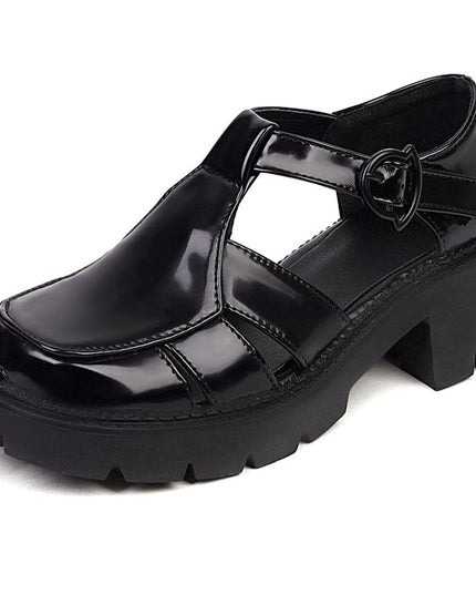 New Ladies Sandals Round Toe Thick Cover Heels Platform Buckle T-Strap Hollow Plus