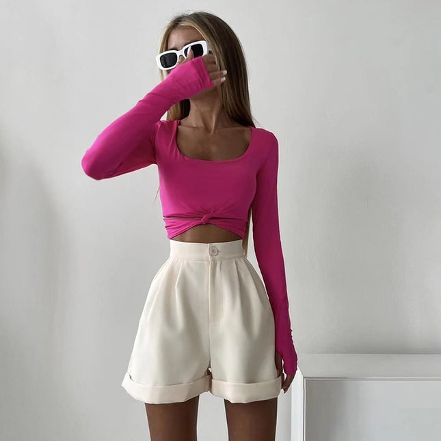 Damen Langarm Oberteile mit Knoten, lässige Mode Outfits, Herbst Basic T-Shirts, schmale Streetwear, bauchfreie Oberteile