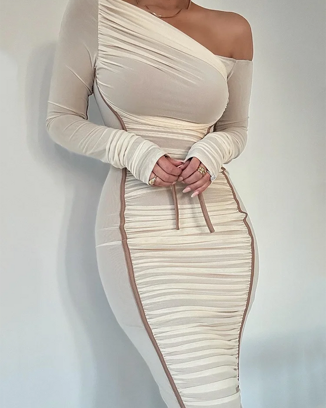 Sexy diagonales Midikleid mit Kragen – gerafftes Bodycon-Kleid für Damen – perfekt für Clubpartys