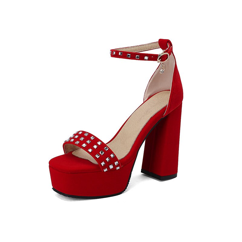 Women Sandals Peep Toe Flock Suede Block Heels  Buckle Strap Crystal Big Size