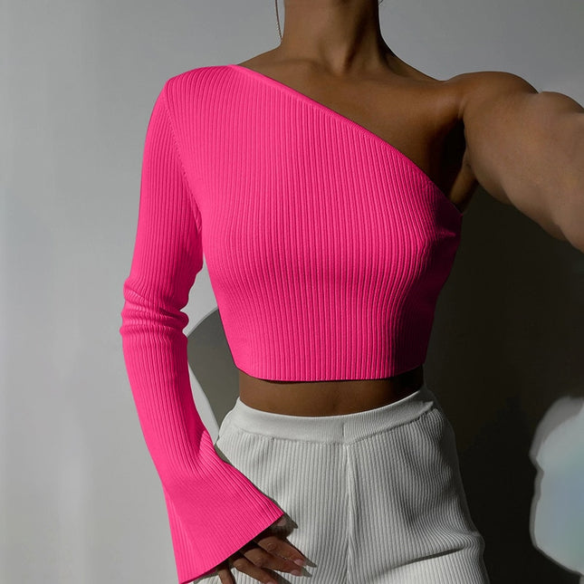 Herbst Asymmetrische Strick-Langarm-Slim-Tops für Damen Mode Einfarbige Y2K Cropped Top T-Shirts Basic Kleidung