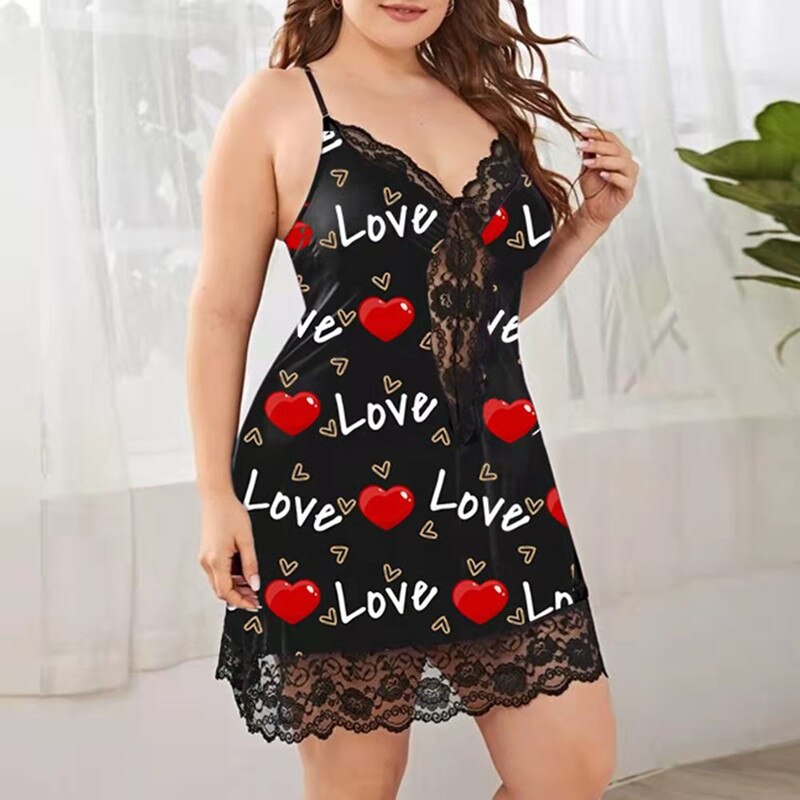 Plus Size Sex Lingerie Women's Nightdress Lace V Neck Sexy Sleepwear Flowers Print Satin Sleep Nightgowns Spaghetti Strap S-4XL