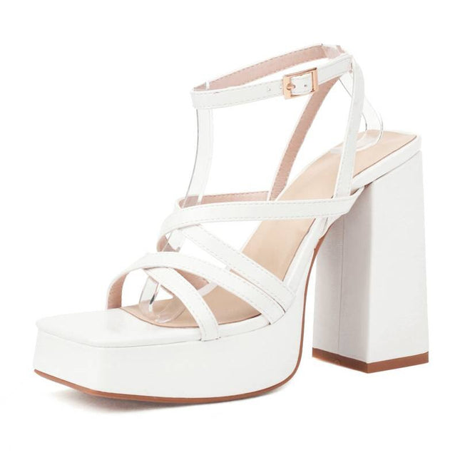 Women Sandals Square Toe Chunky Heel 13cm Platfrom 3cm Ankle Buckle Strap Plus Size