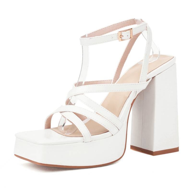 Women Sandals Square Toe Chunky Heel 13cm Platfrom 3cm Ankle Buckle Strap Plus Size