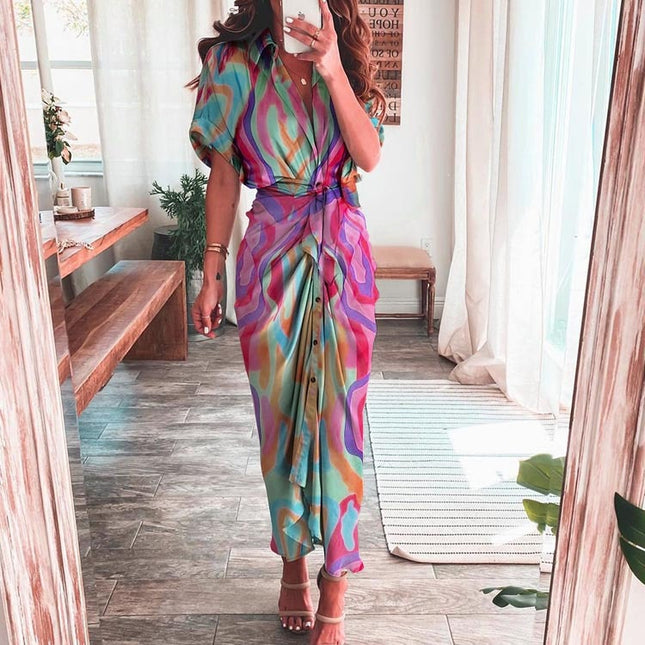 Elegante Damenkleider 2023 Sommer Mode Bedrucktes Kurzarm-Hemdkleid Vintage Taillenschnürung Knopfbandage Langes Kleid Robe