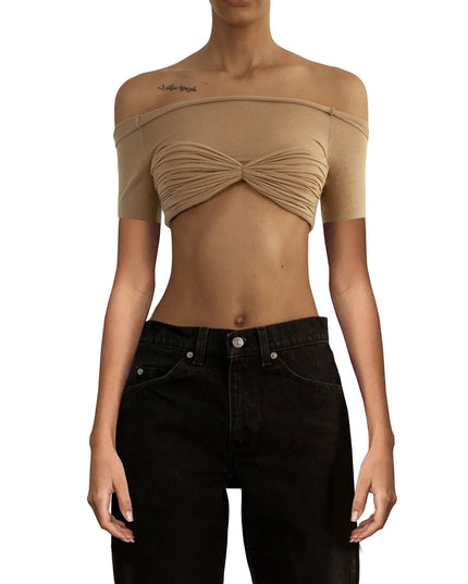 Elegant Knit Fashion Outfits See Through Women's Tops Summer Short Sleeve Off Shoulder Crop Tops Solid Streetwear
