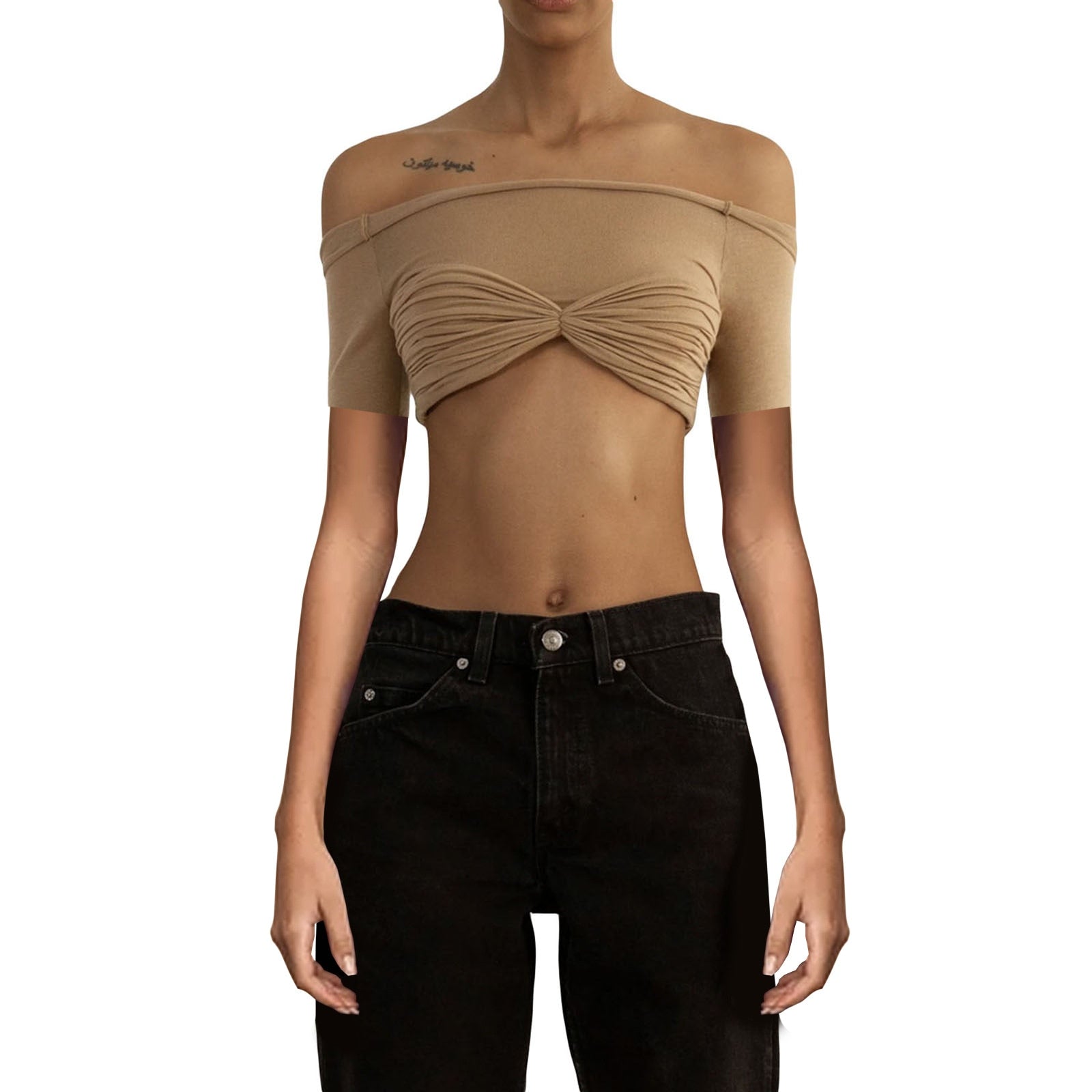 Elegant Knit Fashion Outfits See Through Women's Tops Summer Short Sleeve Off Shoulder Crop Tops Solid Streetwear