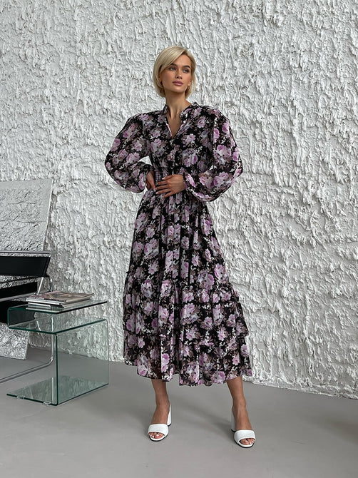 Floral Chiffon Pleated Women Dresses Blue Black Long Sleeve Summer Beach Dress Elegant Evening Party Maxi Dresses For Women