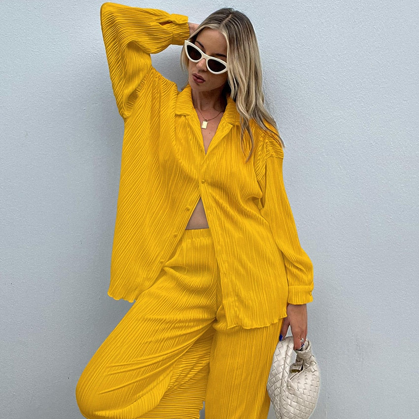 Autumn Pleated Women's Sets Top and Pants Casual Fashion Outfits Two Piece Set Loose Button Up Shirts Matching Set