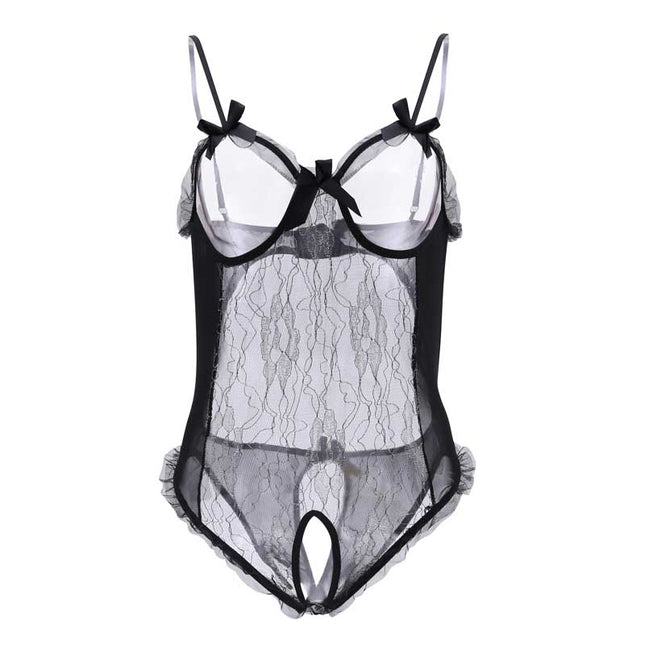 Spetsbody för kvinnor Sexig nätbody Erotisk ärmlös teddy Transparent djup V-lingerie Klänning Het erotisk underkläder