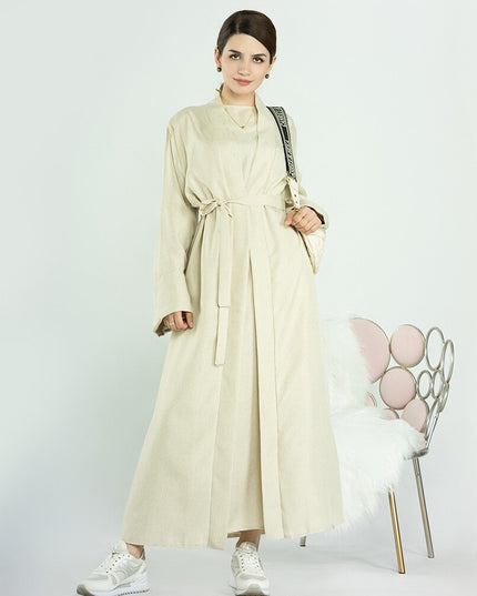 Elegant and Versatile: Two-Piece Djellaba Abaya Set with Belt for Muslim Women in Dubai