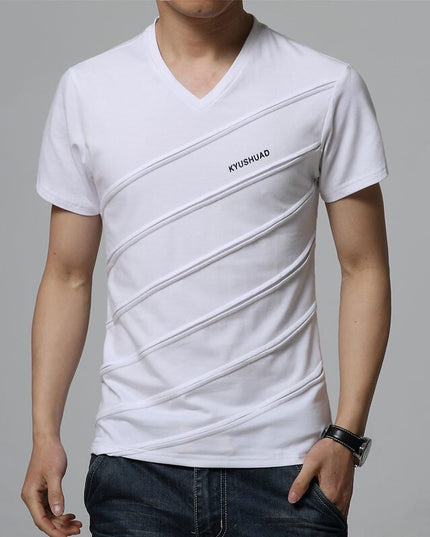 New Summer T Shirt Men Patch Mens T-shirt Casual V Neck T-shirt Slim Tee Shirt Hommes Design Solid Color Short Sleeve Shirt