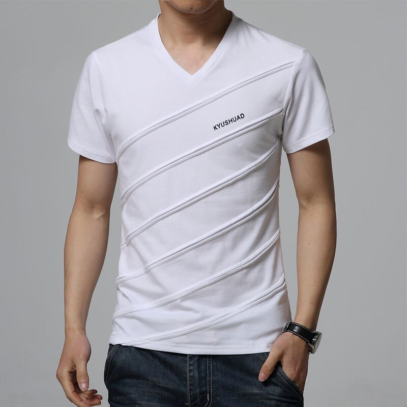 New Summer T Shirt Men Patch Mens T-shirt Casual V Neck T-shirt Slim Tee Shirt Hommes Design Solid Color Short Sleeve Shirt