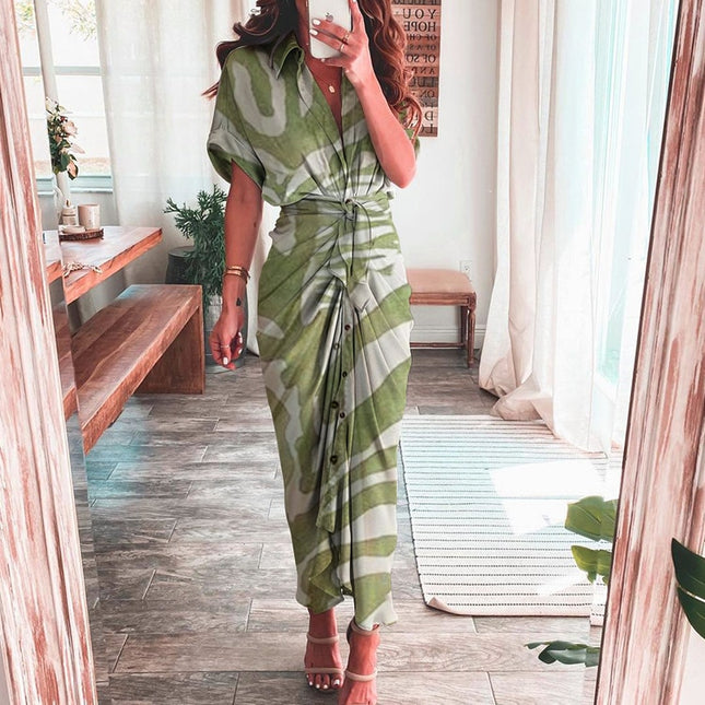 Elegante Damenkleider 2023 Sommer Mode Bedrucktes Kurzarm-Hemdkleid Vintage Taillenschnürung Knopfbandage Langes Kleid Robe