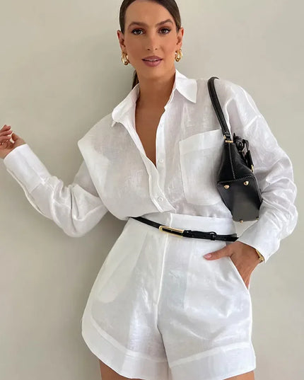 Effortless Elegance: Women's 2-Piece Suit with Button Pockets, Short Pants, and Long Sleeves