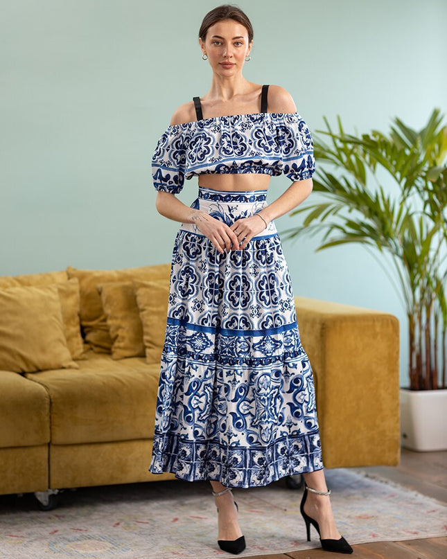 Blue White Chiffon 2 Piece Set Skirt and Top Elegant Two Piece Skirt Set Women Sexy Beach Summer Vacation Outfit For Women