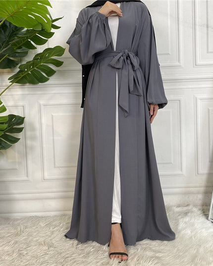 Fashion Simple Elastic Sleeved Djellaba Muslim Dress Dubai Full Length Soft Abaya Dubai Turkey Muslim Islam Robe With Belt