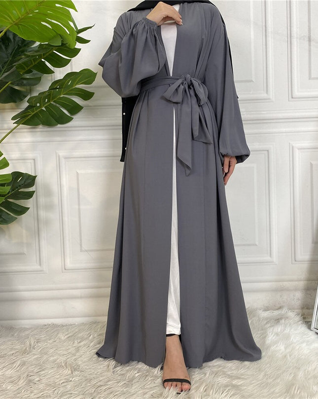 Mode Einfache Elastische Ärmel Djellaba Muslimisches Kleid Dubai Durchgehendes Weiches Abaya Dubai Türkei Muslimischer Islam Robe mit Gürtel