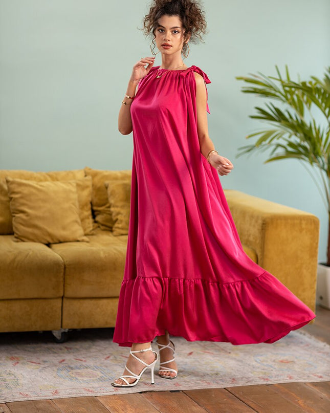 Chiffon Strandkleid Strandmode Pareo Oversize Rückenfrei Sexy Langes Damenkleid Pinkes Bandage Maxikleid für Damen Sommer