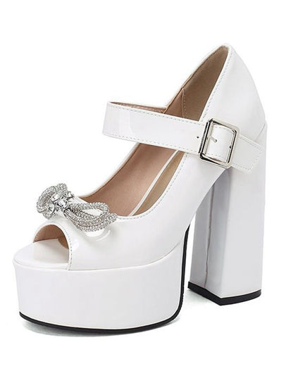 Women Sandals Peep Toe Block Heels Crystal Bowknot Buckle Strap Sexy Party Shoes Big Size