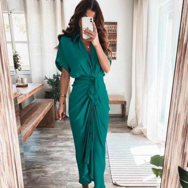 Elegante Damenkleider 2023 Sommer Mode Bedrucktes Kurzarm-Hemdkleid Vintage Taillenschnürung Knopfbandage Langes Kleid Robe