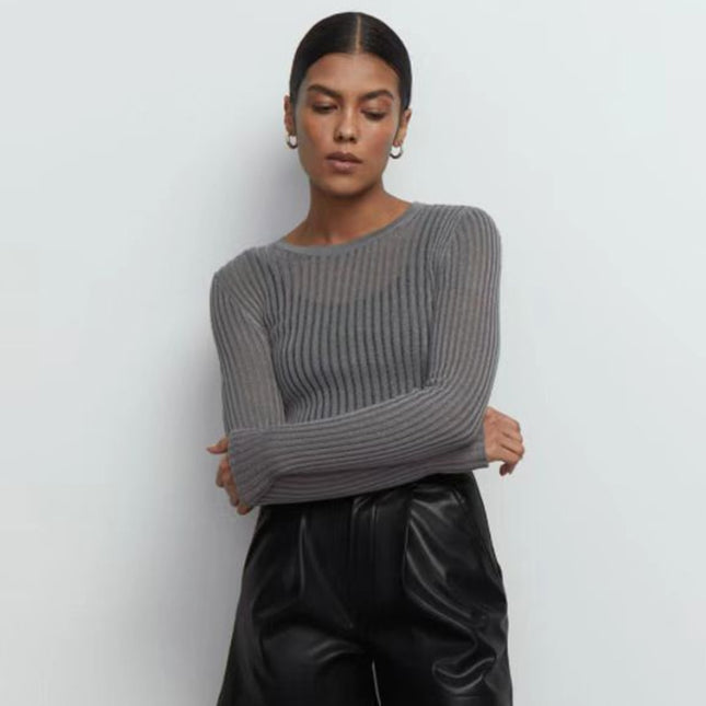 Mode Weiß Elegant Gestreift Durchsichtig Damen Tops Outfits Langarm T-Shirts Eng Club Party Kleidung