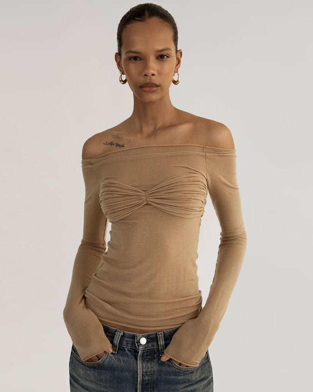 Elegante schulterfreie geraffte Strickoberteile für Damen, modische Frühling-Sommer-Langarm-Club-Party-Unifarben-T-Shirt-Kleidung
