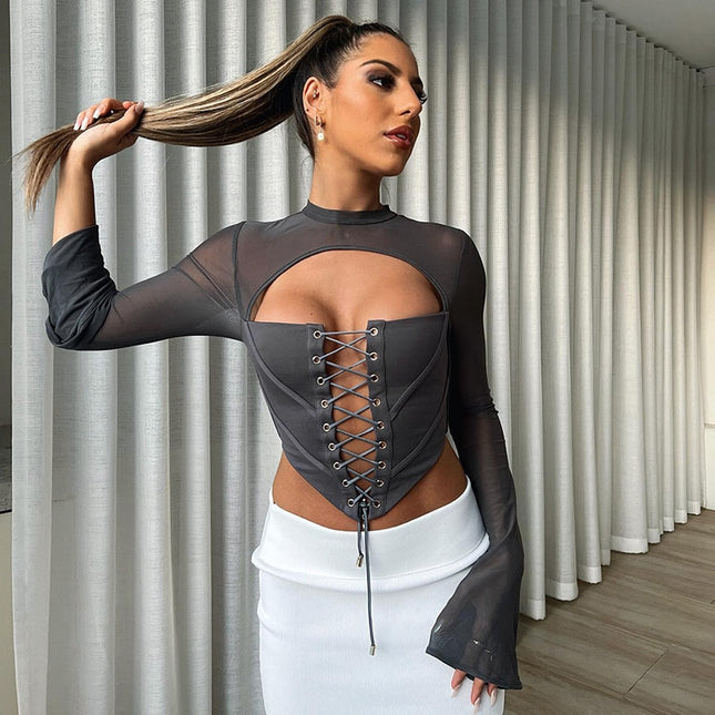 Schnürbandage-Korsett-Oberteil für Damen, modisch, langärmelig, sexy, rückenfrei, transparentes Mesh, ausgestellte Ärmel, bauchfreie Oberteile, Kleidung