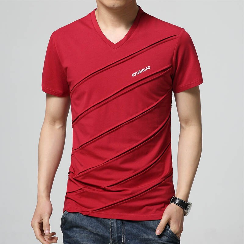 New Summer T Shirt Men Patch Mens T-shirt Casual V Neck T-shirt Slim Tee Shirt Hommes Design Solid Color Short Sleeve Shirt