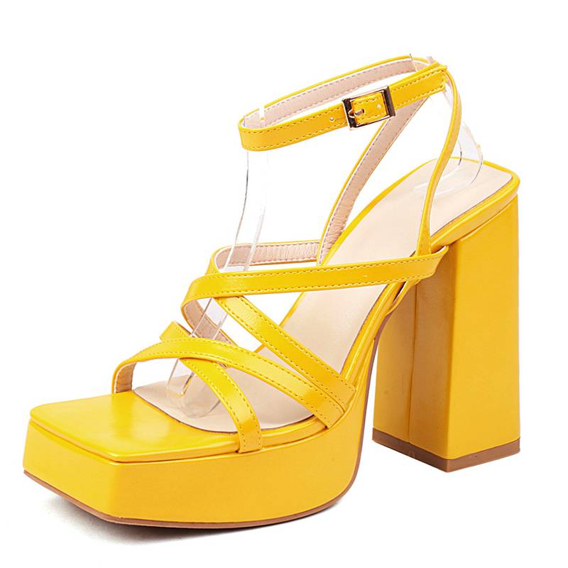 Women Sandals Square Toe Chunky Heel 13cm Platfrom 3cm Ankle Buckle Strap Plus Size