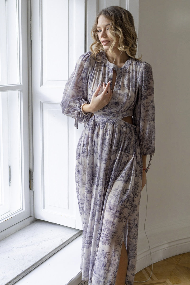 Vintage Chiffon Floral Evening Prom Dress Long Sleeve Waistless Sexy Summer Beach Dress Elegant Maxi Dresses For Women 2023