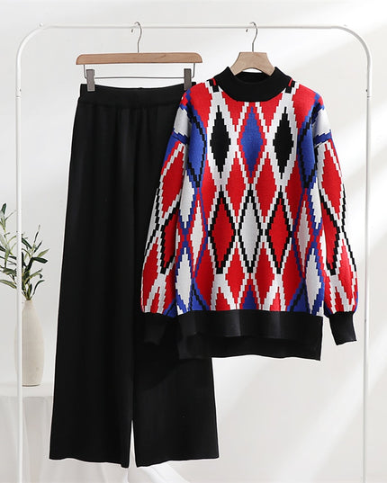 Lozenge Knitted Sweater Matching Set Loungewear Women Pants Suit 2 Piece Tracksuit Knit Two Piece Sets Womens Outifits Winter