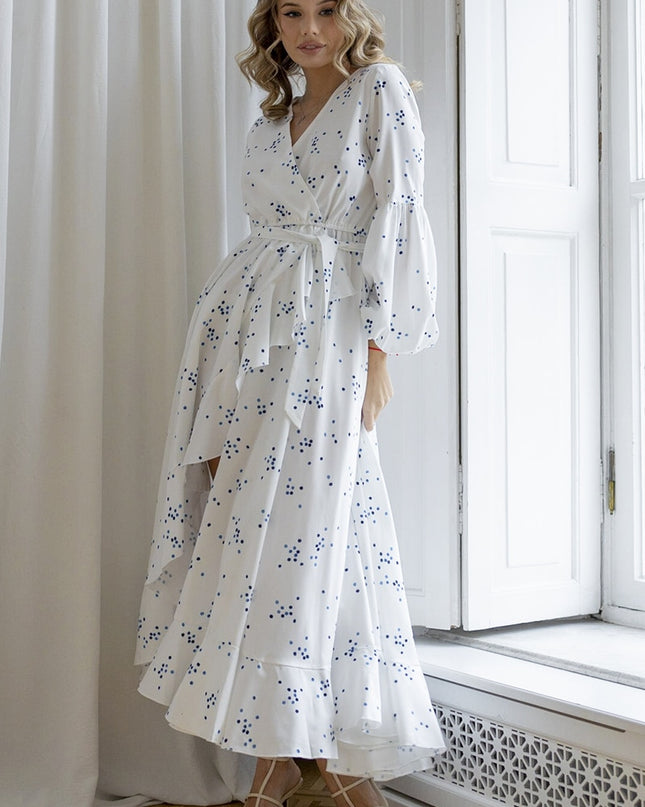 Elegante Vintage Sommer Bandage Weiß Chiffon Blaue Polka Dot Lange Kleider Langarm Sexy Schlitz Boho Strand Maxikleider für Damen