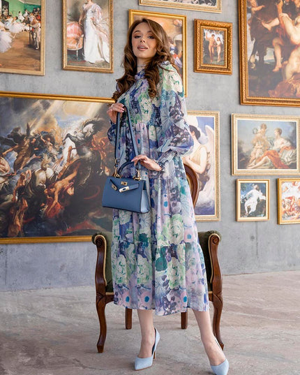 Elegantes geblümtes Langarm-Chiffon-Maxikleid Boho Rüschen Plissee Abendkleider Damen Sommer Blumen Lange Kleider für Damen