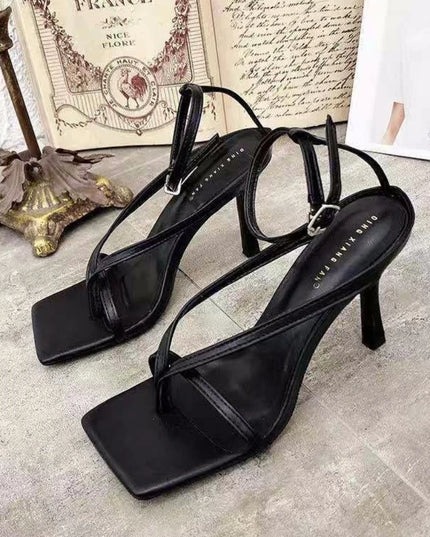 Elegant Square Toe Women's Sandals with Thin High Heels and Ankle Buckle Strap