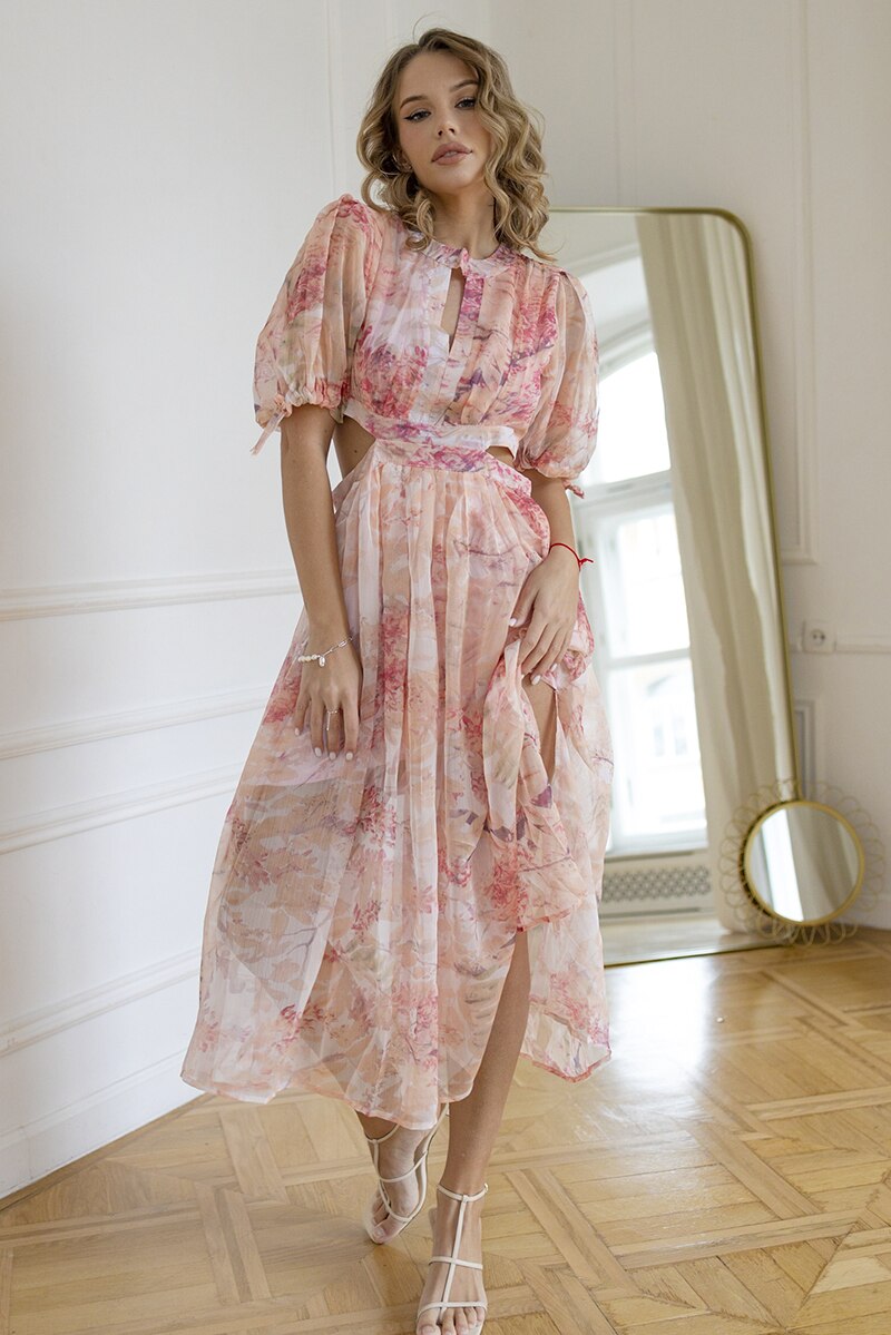 Vintage Chiffon Floral Evening Prom Dress Long Sleeve Waistless Sexy Summer Beach Dress Elegant Maxi Dresses For Women 2023